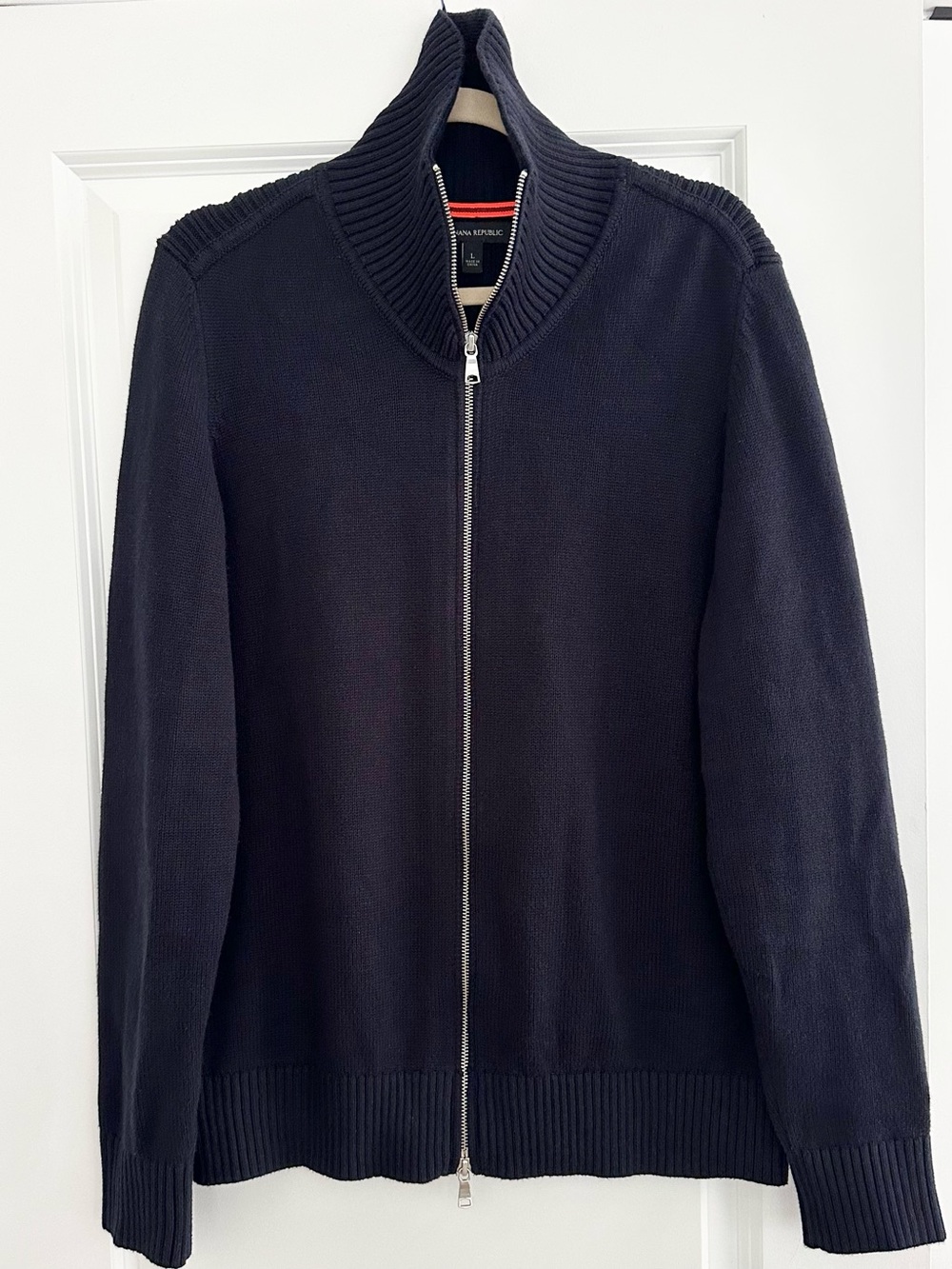 Banana Republic Navy Full-Zip Knit Shawl Collar Fall Sweater - Business Casual